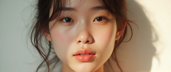 Poster - Young Woman's Face with Soft Lighting and Natural Makeup