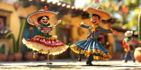 two miniature characters or mexican dolls dancing, celebrating mexican day