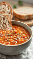 Wall Mural - Close-up of a bowl of vegetable soup with bread