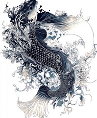 Canvas Print - An artistic depiction of a koi fish surrounded by swirling water and intricate patterns.