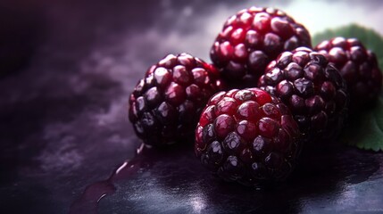 Close-up of fresh blackberries with a green leaf on a dark background, showcasing the vibrant color and texture of the fruit.