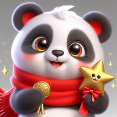 Wall Mural - cute 3d fluffy Chinese style happy panda teddy bear character with red scarf new year theme