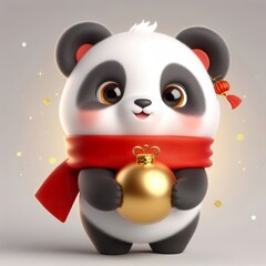 Wall Mural - cute 3d fluffy Chinese style happy panda teddy bear character with red scarf new year theme