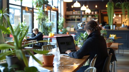 Wall Mural - A woman works on a laptop in a cafe with many plants.