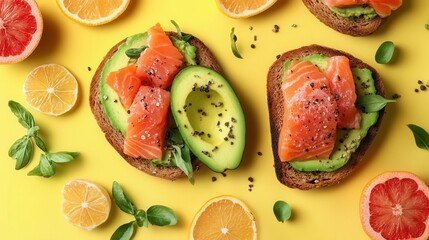 Aufkleber - A delightful breakfast spread with creamy avocado toast topped with smoked salmon and surrounded by fresh citrus, all on a bright yellow backdrop. Generative AI