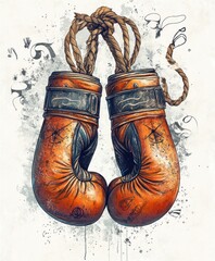 Canvas Print - A pair of vintage boxing gloves hanging, showcasing wear and artistic detail.