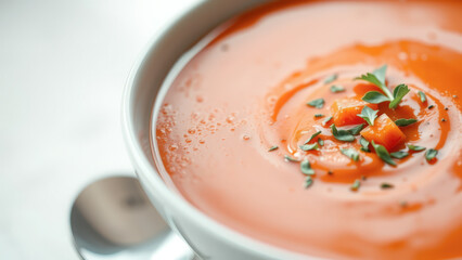 Poster - Close-up of a bowl of tomato soup with fresh herbs and a spoon