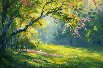 Poster - A beautiful scene of pink flowers growing in a lush green field, perfect for use in editorial or commercial projects