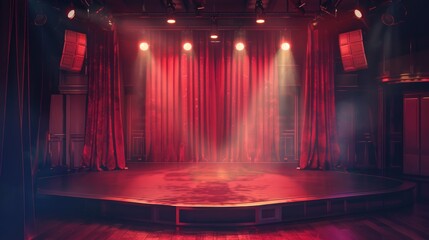 Poster - A darkened theater with bright red curtains and focused spotlights, ideal for use in promotional materials or as a background image