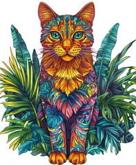 Sticker - A vibrant, colorful illustration of a cat surrounded by lush tropical foliage.