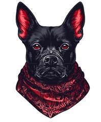 Wall Mural - A stylized illustration of a black dog with red ears wearing a decorative red bandana.