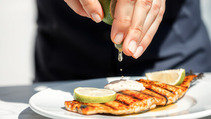 Squeezing Lime Juice Over Grilled Fish