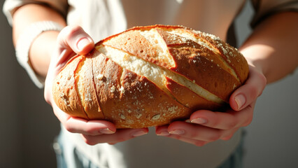 Canvas Print - Close up of woman's hands holding fresh baked bread