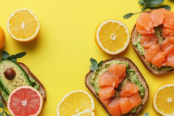 Aufkleber - A delicious breakfast spread highlights avocado toast with salmon, accompanied by vibrant citrus fruits on a bright yellow surface. Generative AI