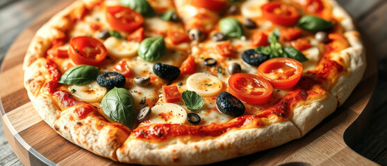 Canvas Print - Delicious Pizza with Tomatoes, Olives and Basil