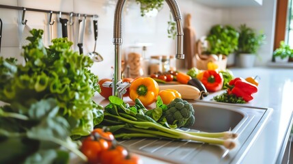 Wall Mural - A kitchen counter with fresh produce, including tomatoes, peppers, lemons, and herbs.