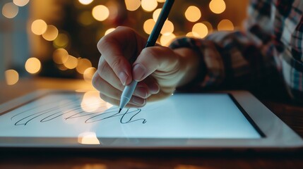 Poster - Close-up of a hand drawing on a digital tablet with a stylus, with a blurry background of festive lights.