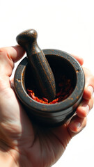 Poster - Close-up of a Hand Holding a Mortar and Pestle with Red Chili Peppers