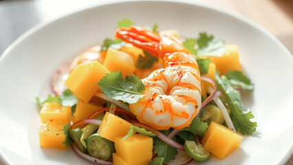 Canvas Print - Closeup of a shrimp and mango salad on a white plate