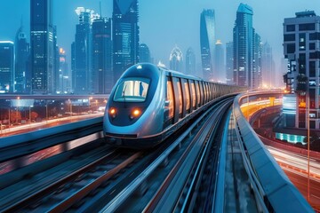 Poster - Nighttime urban scene with a silver train passing through the city, potential for use in travel or transportation themed projects