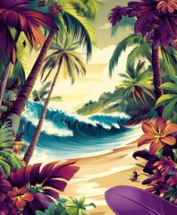 Poster - A vibrant tropical beach scene with palm trees, waves, and colorful flowers.