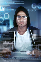Poster - Man, hacker and computer code at night for firewall, breach and access in cyber crime. Software engineer, technology and data protection with overlay, dark web and analysis for programming or network