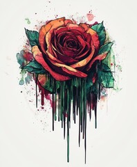 Poster - A vibrant, artistic depiction of a rose with splashes of color and dripping paint effects.