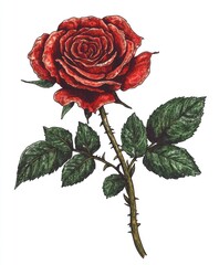 Sticker - A detailed illustration of a red rose with leaves and thorns.