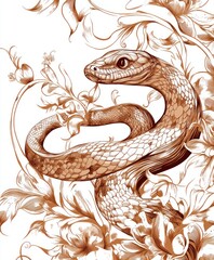 Canvas Print - A detailed illustration of a snake intertwined with floral elements.