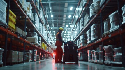 Poster - A person using a forklift in a storage facility, possible logistics or inventory management scenario