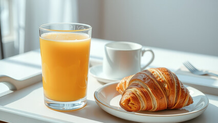 Sticker - Fresh Orange Juice and Croissant on a White Tray