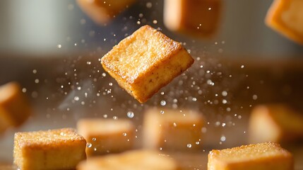 Crispy Fried Tofu Floating in a Softly Blurred Culinary Composition