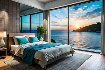 Bed room interior, Minimalist luxury modern bed room design, morning light, modern interior concept.