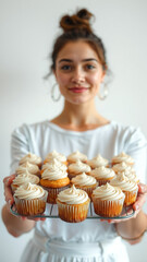 Wall Mural - Woman holding a tray of cupcakes