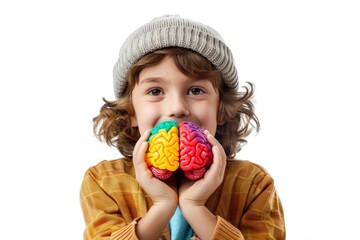 Canvas Print - A young boy holds a colorful brain toy in his hands, suitable for educational or playful purposes