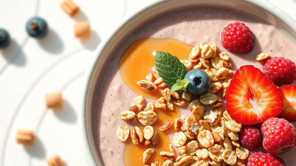 Wall Mural - Healthy Yogurt Parfait with Fresh Berries, Granola and Honey