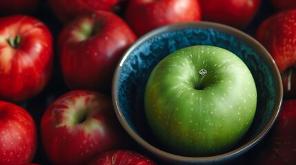 Wall Mural - A green apple sits in a bowl of red apples.