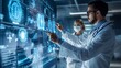 © arhendrix - Doctors analyzing futuristic medical data on a digital screen in a high-tech healthcare environment, showcasing modern medical technology.