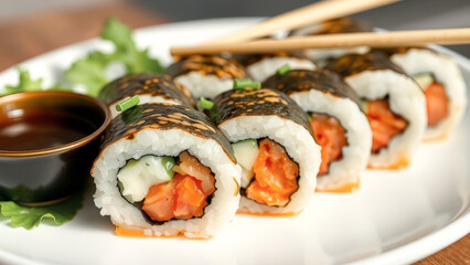 Wall Mural - Closeup of Fresh Salmon Sushi Rolls on a White Plate