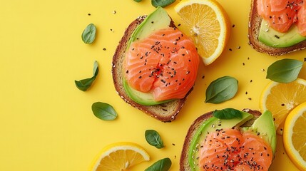 Aufkleber - A delicious breakfast spread showcasing avocado toast topped with salmon and fresh citrus slices, set against a bright yellow backdrop. Generative AI