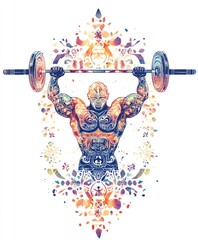 Poster - A vibrant illustration of a muscular figure lifting a barbell, surrounded by artistic patterns.