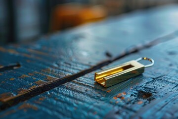 Aufkleber - A metal stapler sits on top of a wooden table, ready for use