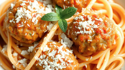 Wall Mural - Close Up of Spaghetti with Meatballs and Parmesan Cheese