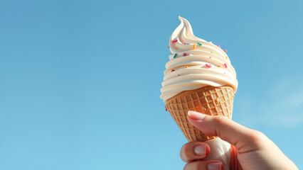 Poster - Hand Holding Vanilla Ice Cream Cone Against Blue Sky