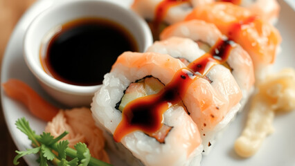 Canvas Print - Close-up of Delicious Sushi Rolls with Soy Sauce