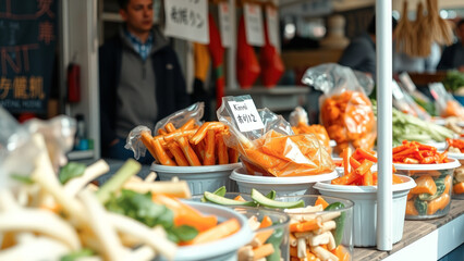 Wall Mural - Closeup of Orange and Green Vegetables in Bowls at a Market