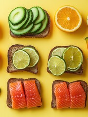 Aufkleber - A healthy breakfast features avocado toast topped with cucumber, slices of salmon, and an assortment of fresh citrus on a sunny backdrop. Generative AI