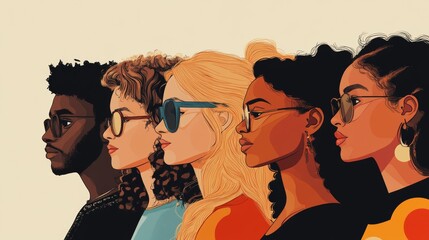 Sticker - Illustrated Portrait of Five Diverse People in Profile with Sunglasses on Beige Background