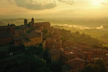 Poster - A small town scene with houses and buildings illuminated by the setting sun