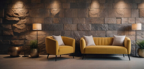 Wall Mural - Modern Living Room with Stone Wall and Yellow Furniture